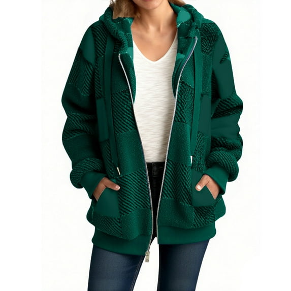 Busydd Women's Winter Coats Trendy Plaid Fleece Winter Jackets for Women Long Sleeve Hooded Zip Up Warming Jacket with Pockets S