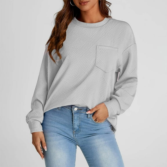 Busydd Women's Sweatshirts Trendy Textured Solid Color Long Sleeve Tops for Women Comfortable Pullover Crewneck Fall Sweatshirts for Women with Pocket
