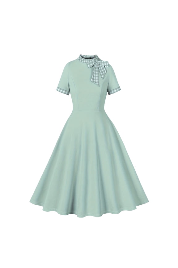 Womens 1950s Vintage Dress Fashion Bow Short Sleeve Cocktail Dresses Solid Color Flowy Midi Dress Formal Party Prom Dress Elegant Homecoming Dresses