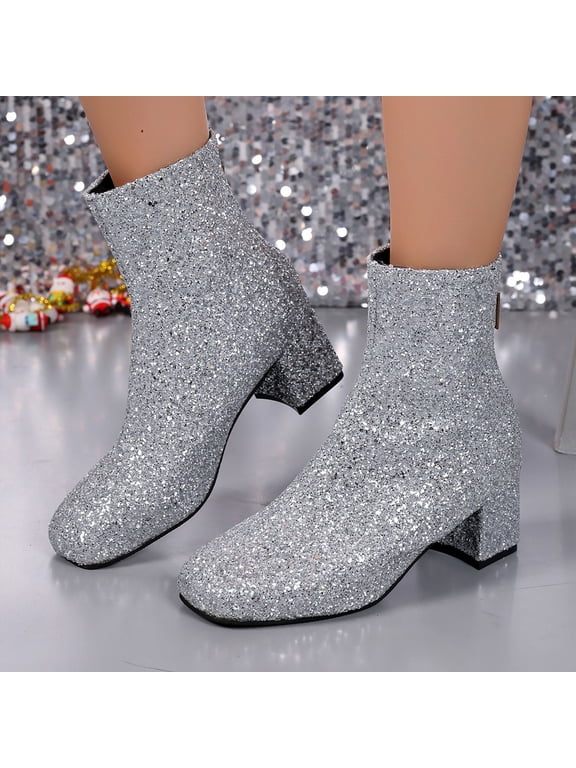 Womens Ankle Boots Trendy Sequin Booties for Women Comfortable Round Toe Chunky Heel Boots for Women Casual Zipper Womens Booties 6.5