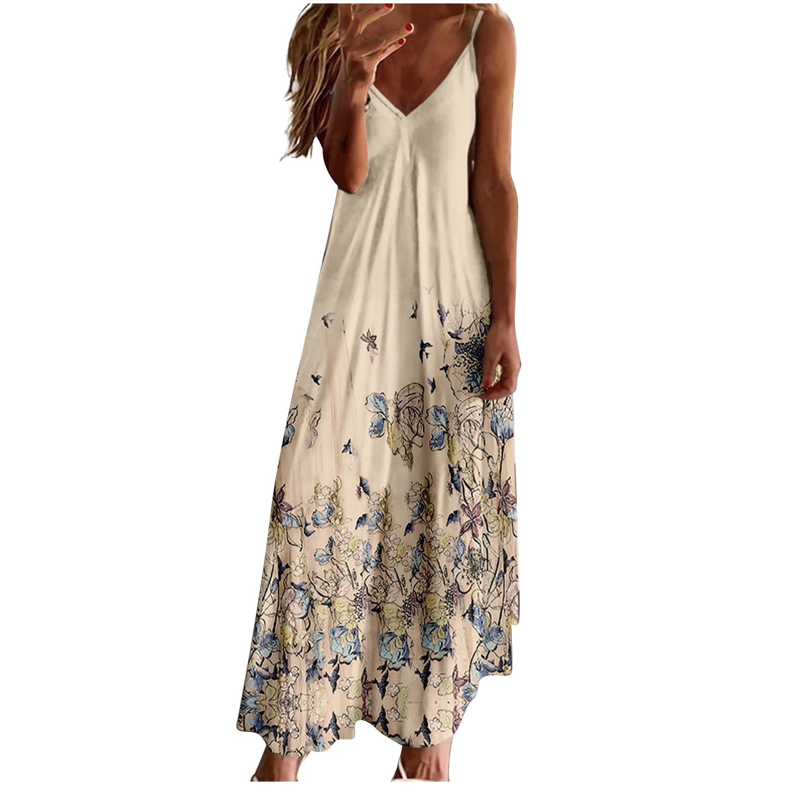 Busydd Womens Boho Dresses 2024 Summer Floral Print V Neck Sun Dress Spaghetti Straps Sexy Vest 4915