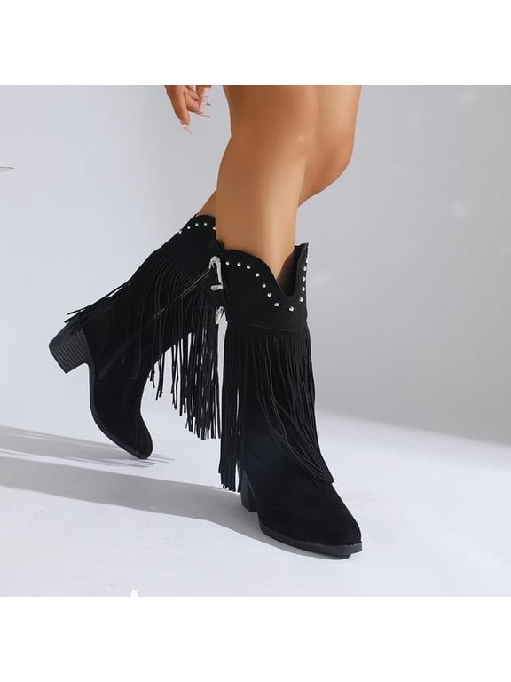 Womens Boots Fashion Solid Color Fringe Mid Calf Boots for Women Comfortable Chunky Heel Wide Calf Boots for Women 8.5