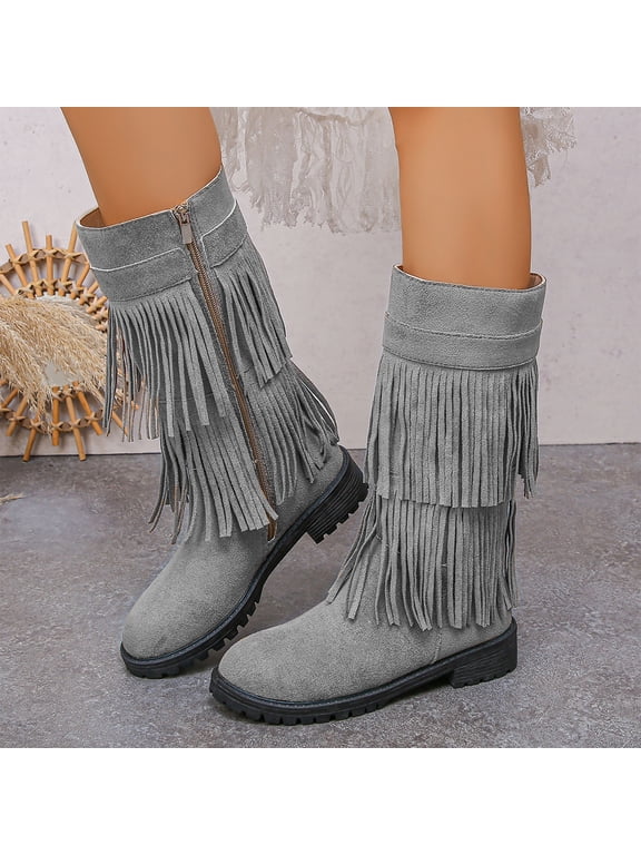 Womens Boots Mid Calf Solid Color Round Toe Zipper Winter Boots for Women Fashion Casual Fringe Middle Heel Women's Boots 6.5