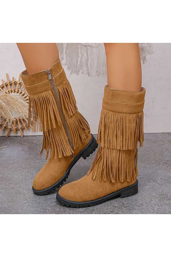 Womens Boots Mid Calf Solid Color Round Toe Zipper Winter Boots for Women Fashion Casual Fringe Middle Heel Women's Boots 9