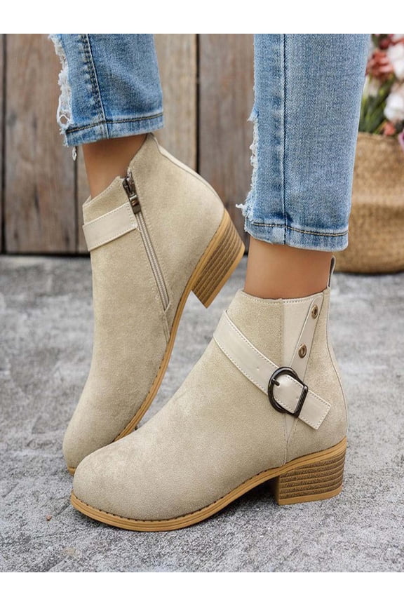 Womens Boots Solid Color Chunky Heel Ankle Boots Comfortable Buckle Strap and Side Zipper Booties for Women 36