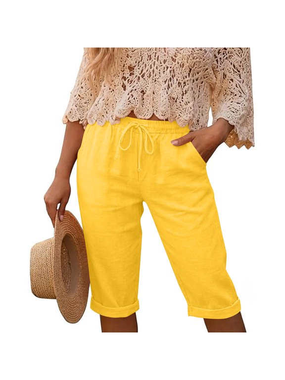 Womens Capri Pants with Pockets Elastic Waistband Drawstring Summer Pants Solid Color Rolled Cuffs Calf-Length Casual Pants for Women 2XL