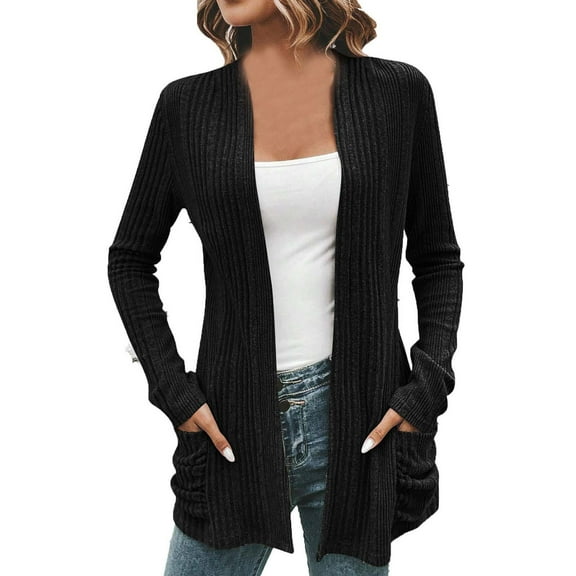 Busydd Womens Cardigan Knit Ribbed Cardigan Sweaters for Women Solid Color Long Sleeve Trench Coats for Women Trendy Casual Lightweight Sweater Coats with Pockets