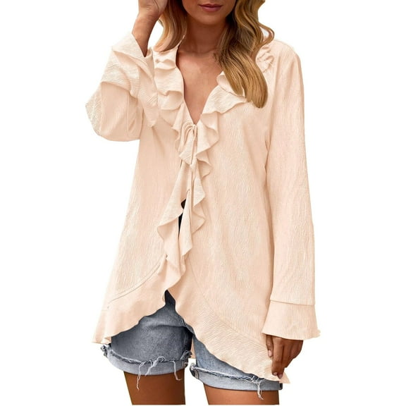 Busydd Womens Cardigans Fall Fashion Solid Color Drawstring Blouses Casual V Neck Ribbed Long Sleeve Shirts for Women Ruffle Trim Going Out Tops Flowy Loose Lightweight Cardigan
