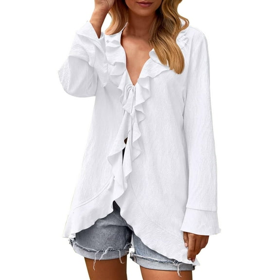 Busydd Womens Cardigans Fall Fashion Solid Color Drawstring Blouses Casual V Neck Ribbed Long Sleeve Shirts for Women Ruffle Trim Going Out Tops Flowy Loose Lightweight Cardigan