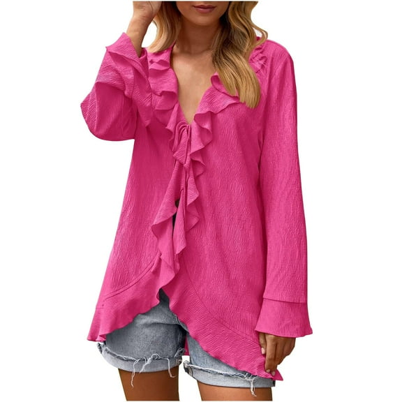 Busydd Womens Cardigans Fall Fashion Solid Color Drawstring Blouses Casual V Neck Ribbed Long Sleeve Shirts for Women Ruffle Trim Going Out Tops Flowy Loose Lightweight Cardigan