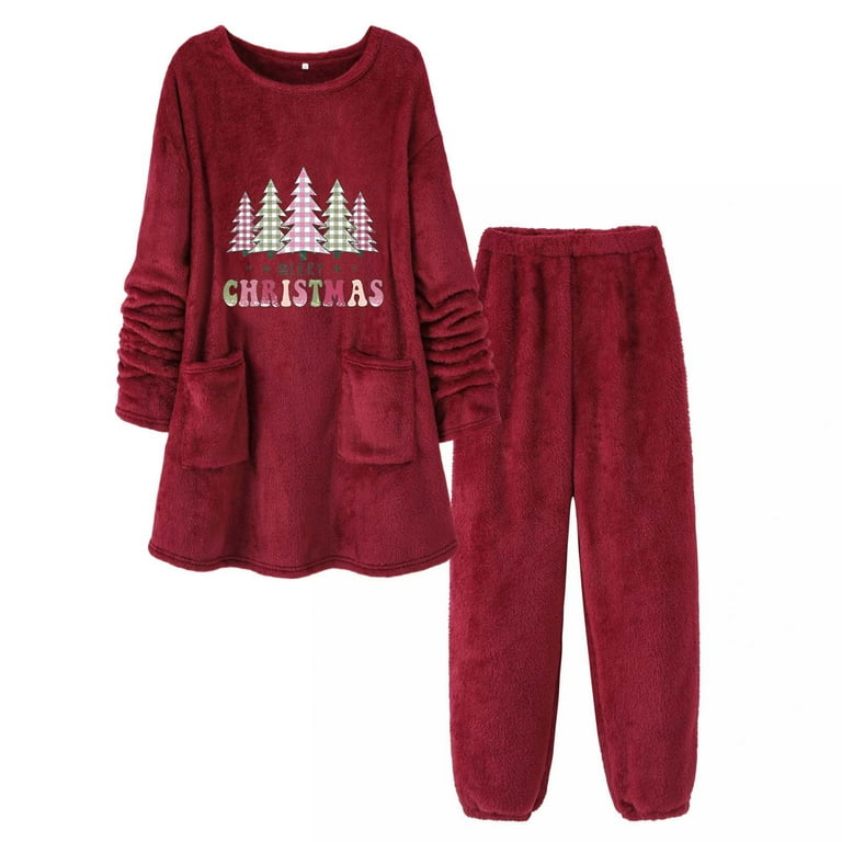 Busydd Womens Christmas Pajamas Sets Fashion Print Warm Fleece