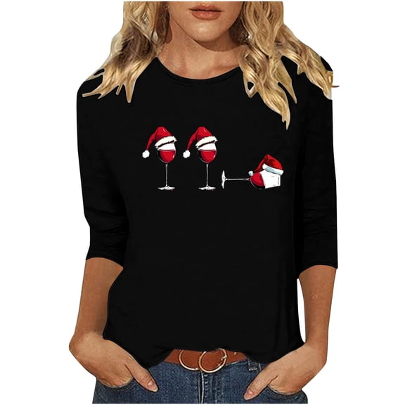 Busydd Womens Christmas Tops Trendy Wine Glass Print T Shirts for Women Casual Round Neck 3/4 Length Sleeve Christmas Shirts for Women L