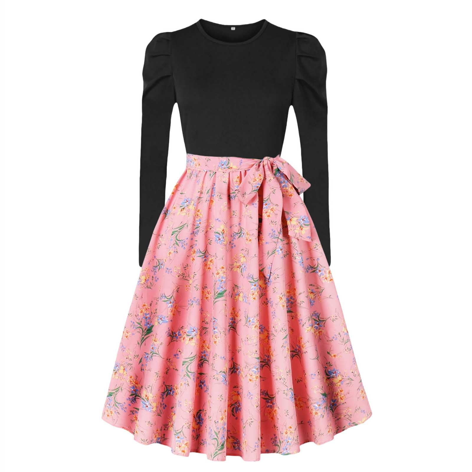 Busydd Womens Cocktail Dresses Long Sleeve Vintage 1950s Dress Round