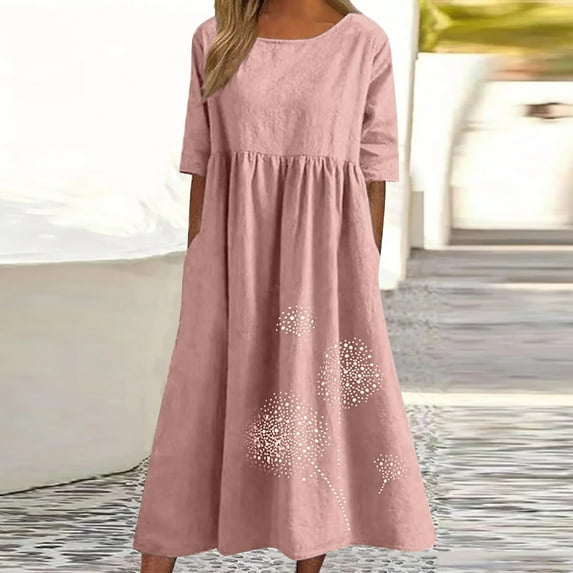 Busydd Womens Cotton Linen Dresses Summer Floral Print Maxi Dresses Flutter Short Sleeve Round Neck Loose Sun Dress for Beach Vacation with Pockets,Plus Size S-5XL