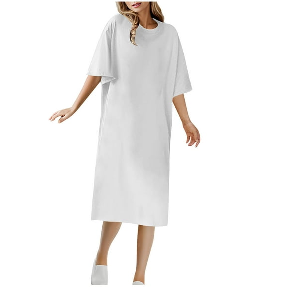 Busydd Womens Dress Round Neck 1/2 Sleeve Spring Summer Dresses Solid Color Loose Midi Dress Trendy Casual T-Shirt Sundress