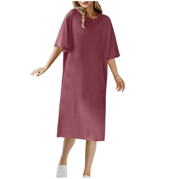 Busydd Womens Dress Round Neck 1/2 Sleeve Spring Summer Dresses Solid Color Loose Midi Dress Trendy Casual T-Shirt Sundress