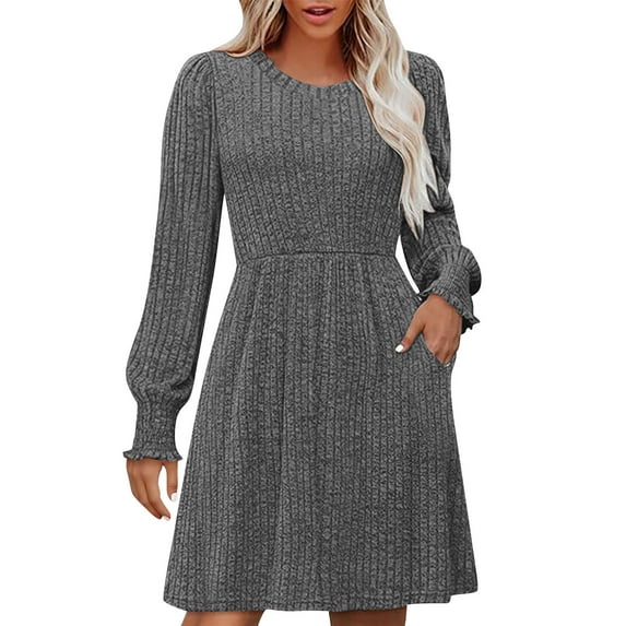 Busydd Womens Dresses Casual Comfortable Solid Color Knit Ribbed Fall Dresses for Women Casual Round Neck Long Sleeve Dress for Women with Pocket S