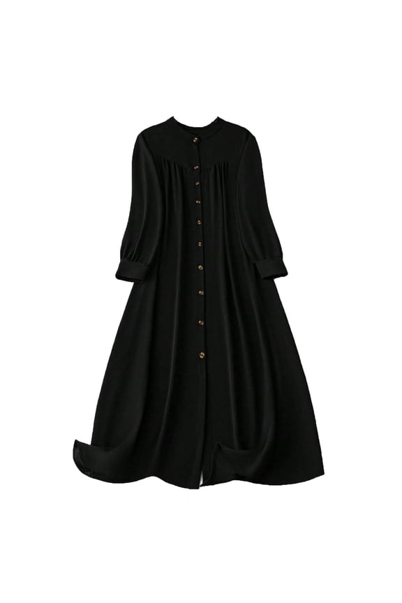 Womens Dresses Casual Flowy Long Sleeve Fall Dresses Fashion Solid Color Round Neck Button Maxi Dress 2XL