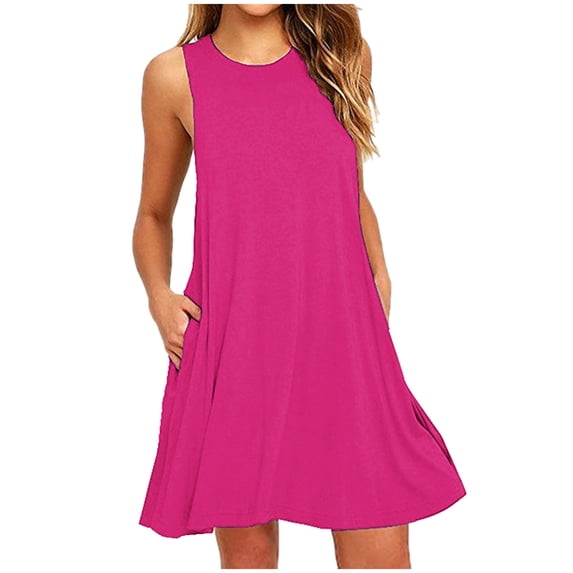 Busydd Womens Dresses 2024 Casual Loose Fit Solid Color Beach Dress Round Neck Sleeveless Sundress Fashion Flowy Summer Dresses with Pockets Knee Length Midi Dress Hawaiian Vacation Tank Dress