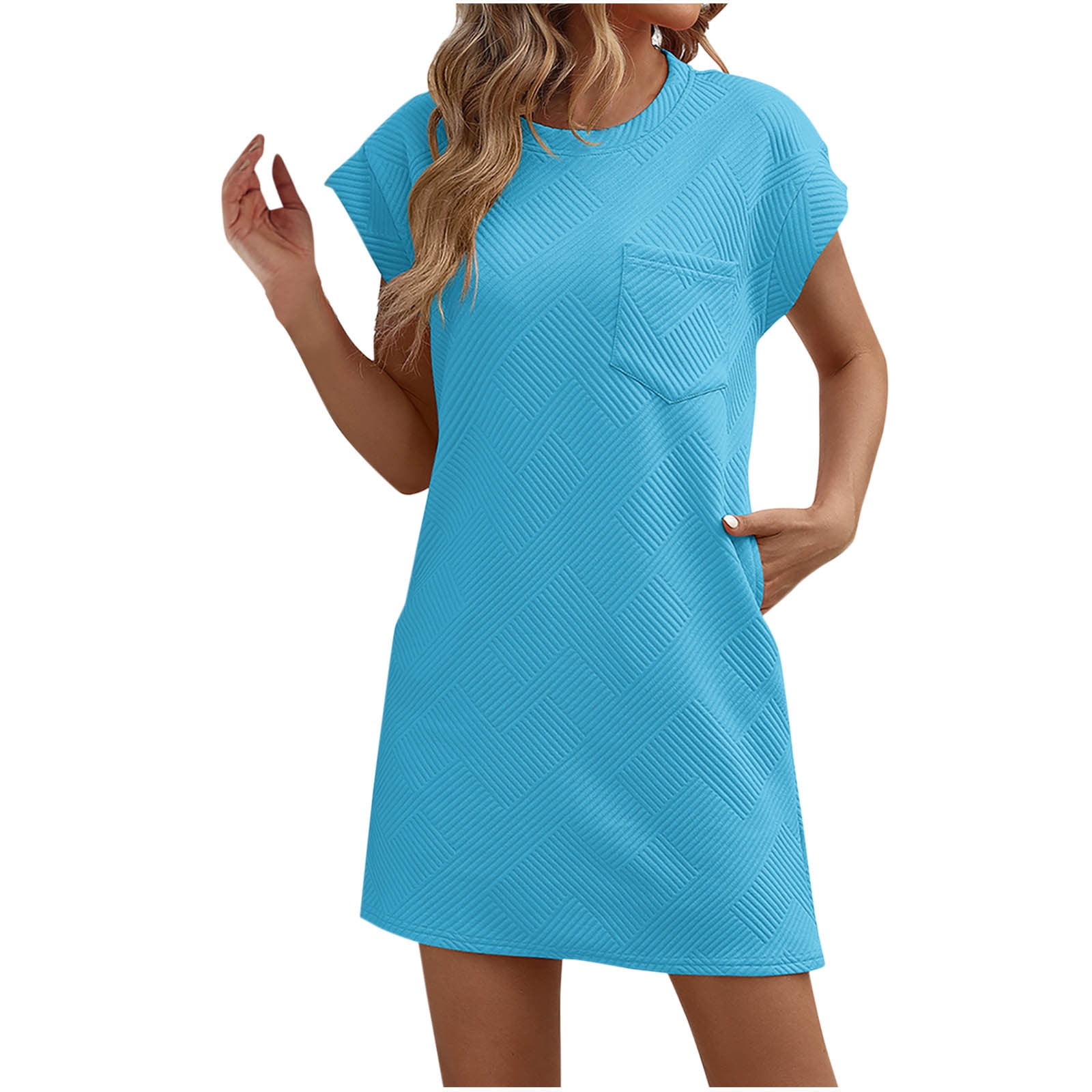 Busydd Womens Dresses Casual Solid Color Ribbed Spring Dress Round Neck ...
