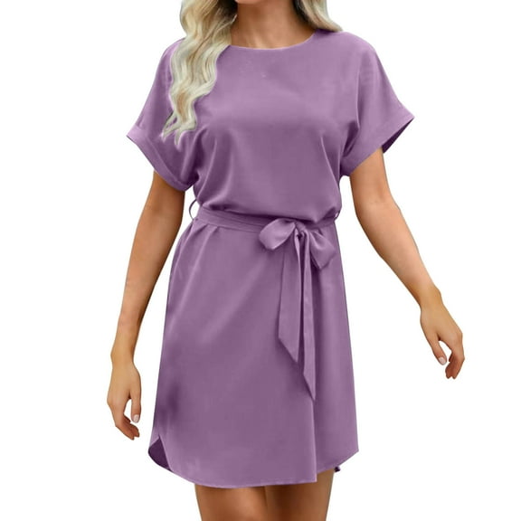 Busydd Womens Dresses Casual Solid Color Satin Spring Dresses Comfy Round Neck Short Sleeve Summer Dress Mini Slit Tunic Sundress