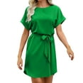 thumbnail image 1 of Busydd Womens Dresses Casual Solid Color Satin Spring Dresses Comfy Round Neck Short Sleeve Summer Dress Mini Slit Tunic Sundress, 1 of 6