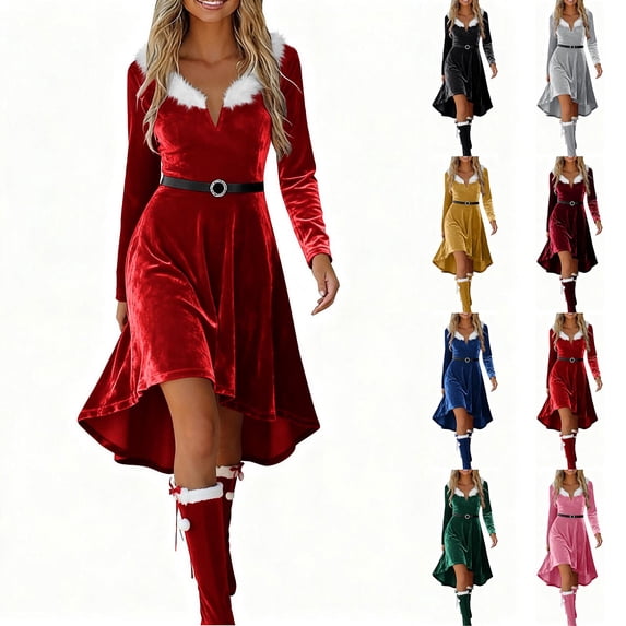 Busydd Womens Dresses Fashion Fuzzy Collar Long Sleeve Christmas Dress Solid Color V Neck Party Holiday Dress S