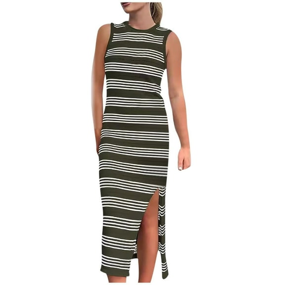 Busydd Womens Dresses Fashion Knitting Cotton Linen Dresses Breathable Sleeveless Round Neck Maxi Dress Vintage Striped Split Tank Dresses Summer Casual Slim Elegant Long Dress