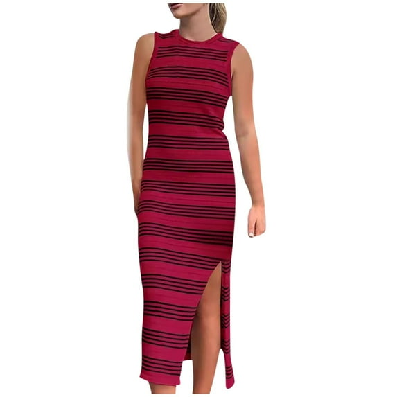 Busydd Womens Dresses Fashion Knitting Cotton Linen Dresses Breathable Sleeveless Round Neck Maxi Dress Vintage Striped Split Tank Dresses Summer Casual Slim Elegant Long Dress