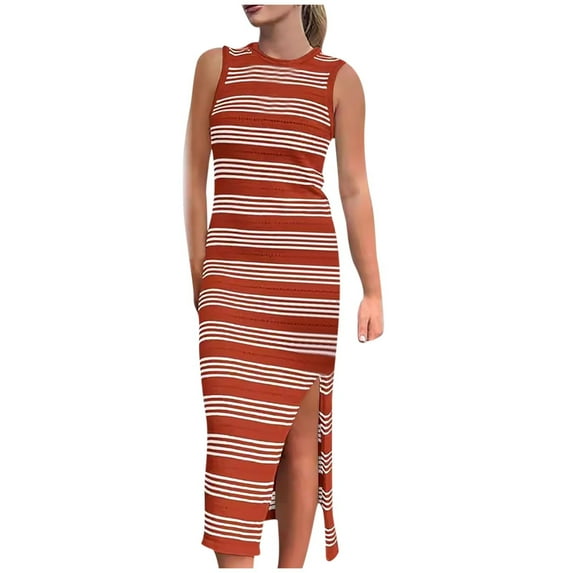 Busydd Womens Dresses Fashion Knitting Cotton Linen Dresses Breathable Sleeveless Round Neck Maxi Dress Vintage Striped Split Tank Dresses Summer Casual Slim Elegant Long Dress