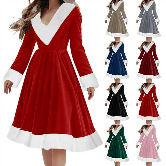 Busydd Womens Dresses Fashion Solid Color Fuzzy Collar Christmas Dress V Neck Long Sleeve Holiday Party Dresses for Women S