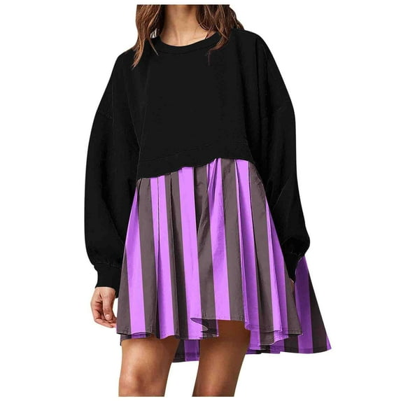 Busydd Womens Dresses Fashion Striped Print Midi Dress Round Neck Long Sleeve Dress Flowy Loose Fall Dress Casual A Line Mini Cocktail Dress Comfort Holiday Homecoming Dresses