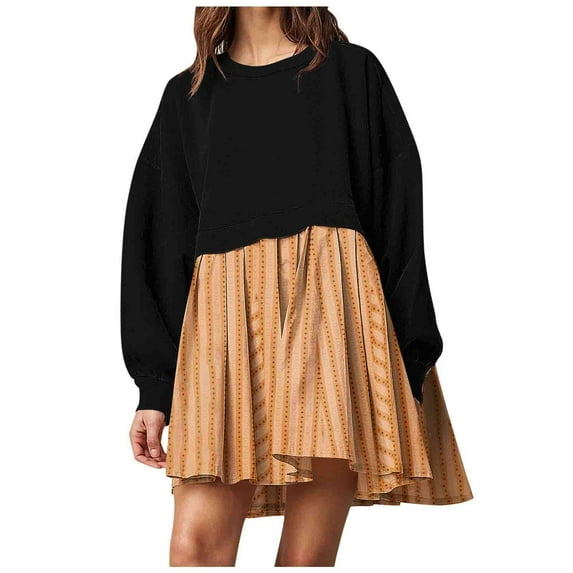 Busydd Womens Dresses Fashion Striped Print Midi Dress Round Neck Long Sleeve Dress Flowy Loose Fall Dress Casual A Line Mini Cocktail Dress Comfort Holiday Homecoming Dresses