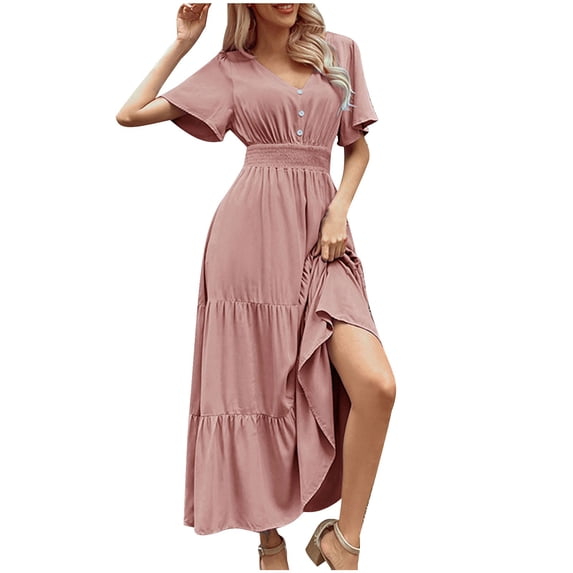 Busydd Womens Dresses Short Sleeve Solid Color Maxi Dress Fashion V Neck High Waisted Sundress Casual Tiered Flowy Summer Dresses Elegant Slim Button Long Dresses Comfy Cotton Linen Dress