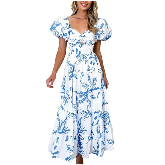 Busydd Womens Dresses Slip Shoulder Floral Print Maxi Dress Strapless Prom Dresses Front Twist Tunic Sun Dress Ruffle Hem Tiered Flowy Cocktail Dress Summer Casual Boho Formal Long Dress