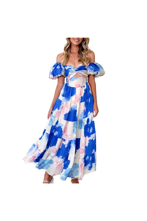 Womens Dresses Slip Shoulder Floral Print Maxi Dress Strapless Prom Dresses Front Twist Tunic Sun Dress Ruffle Hem Tiered Flowy Cocktail Dress Summer Casual Boho Formal Long Dress