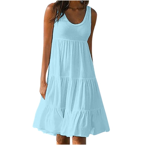 Busydd Womens Dresses Solid Color Beach Dress Sleeveless Round Neck Summer Dresses Casual Loose Tiered Swing Sundress Fashion Flowy Midi Dress,Plus Size Dresses for Vacation & Party,S-5XL