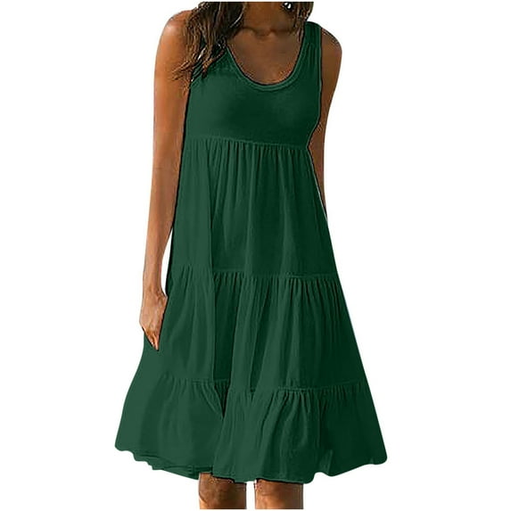Busydd Womens Dresses Solid Color Beach Dress Sleeveless Round Neck Summer Dresses Casual Loose Tiered Swing Sundress Fashion Flowy Midi Dress,Plus Size Dresses for Vacation & Party,S-5XL