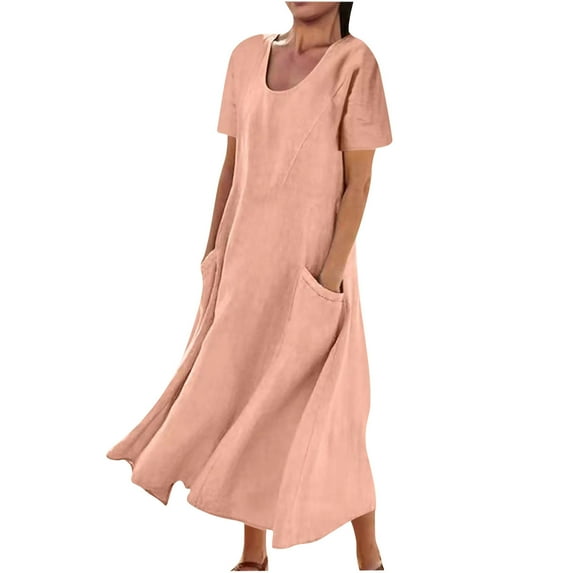 Busydd Womens Dresses Solid Color Cotton Linen Dresses Short Sleeve Round Neck Maxi Dresses Summer Casual Loose Fit Beach Dress Fashion Flowy Sundress for Vacation & Holiday with Pockets
