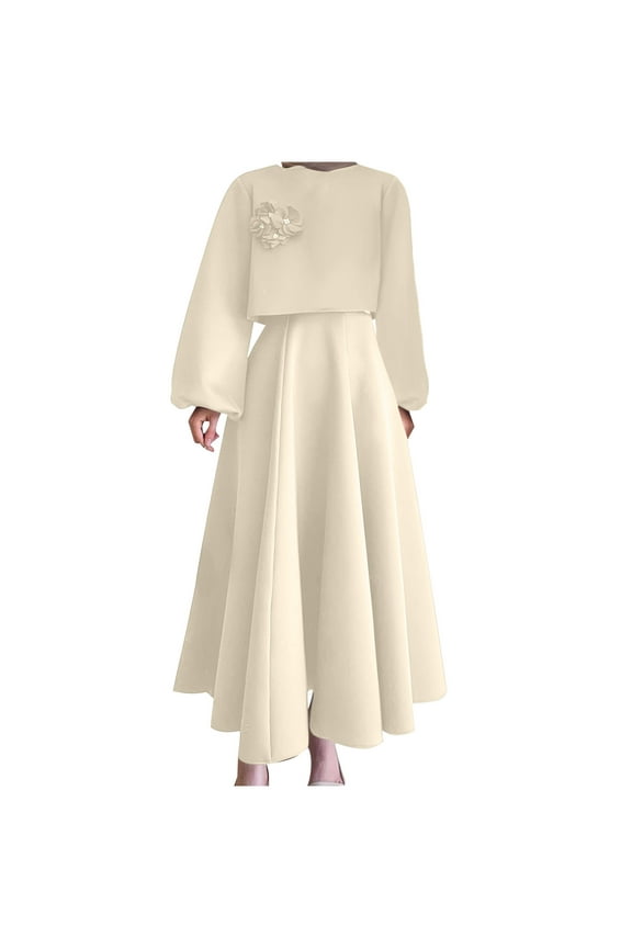 Womens Dresses Solid Color Long Sleeve Homecoming Dresses Round Neck Tiered Flowy Maxi Dresses Fashion Elegant Flower Wedding Guest Dress Prom Formal Dress