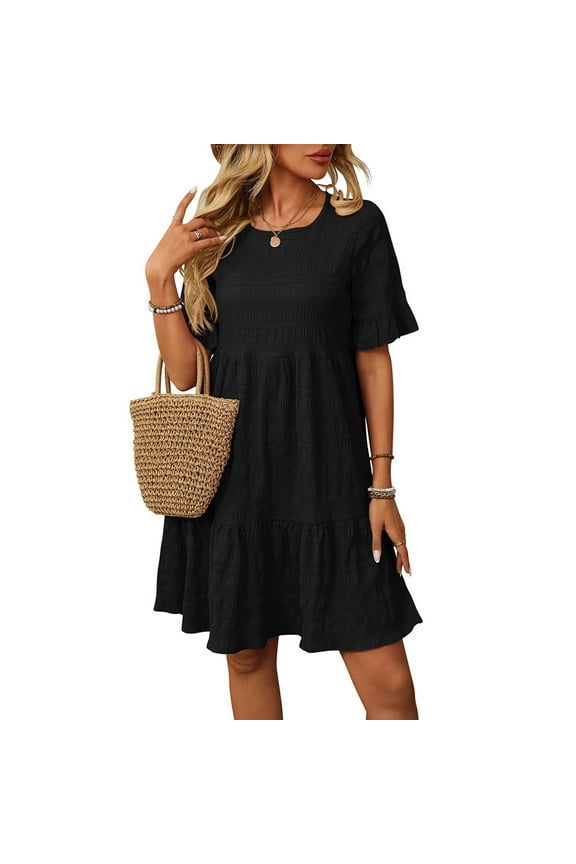 Womens Dresses Solid Color Summer Spring Dresses Round Neck Short Sleeve Casual Dress Trendy Flowy Pleated Sundress