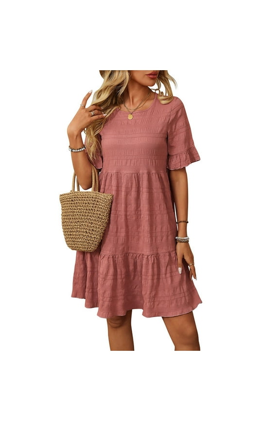 Womens Dresses Solid Color Summer Spring Dresses Round Neck Short Sleeve Casual Dress Trendy Flowy Pleated Sundress