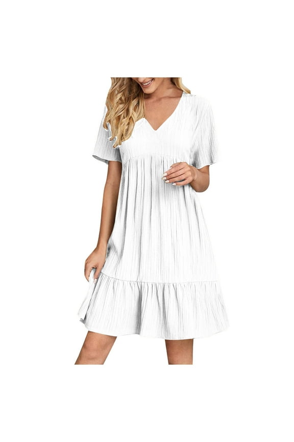 Womens Dresses Solid Color V Neck Sundresses for Women Trendy Flowy Short Sleeve Spring Summer Dress Tiered Pleated Casual Dresses