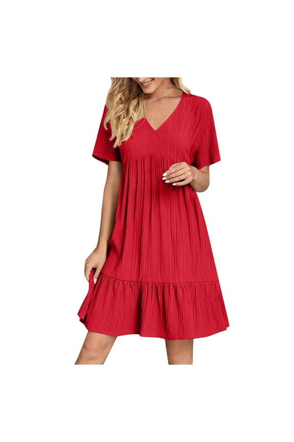Womens Dresses Solid Color V Neck Sundresses for Women Trendy Flowy Short Sleeve Spring Summer Dress Tiered Pleated Casual Dresses