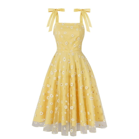 Busydd Womens Dresses Trendy Floral Print Cocktail Dress Sleeveless Tunic Wedding Guest Dresses for Women Square Neck A-Line Summer Dress Midi Dresses for Women #04 S