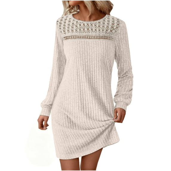 Busydd Womens Dresses Trendy Lace Knit Ribbed Spring Dresses for Women Casual Solid Color Round Neck Long Sleeve Dress for Women M