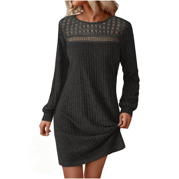 Busydd Womens Dresses Trendy Lace Knit Ribbed Spring Dresses for Women Casual Solid Color Round Neck Long Sleeve Dress for Women S