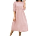 thumbnail image 1 of Busydd Womens Fall Dresses 1/2 Sleeve Round Neck Midi Dress Fashion Elegant Solid Color Homecoming Dresses Casual Flowy Cotton Linen Cocktail Dress, 1 of 5