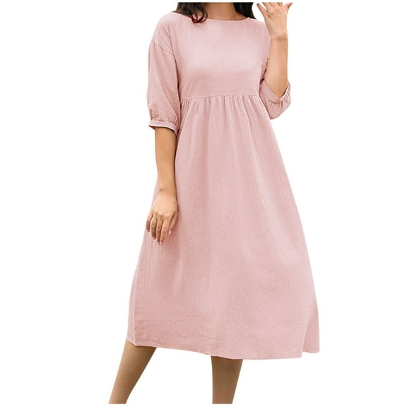 Busydd Womens Fall Dresses 1/2 Sleeve Round Neck Midi Dress Fashion Elegant Solid Color Homecoming Dresses Casual Flowy Cotton Linen Cocktail Dress