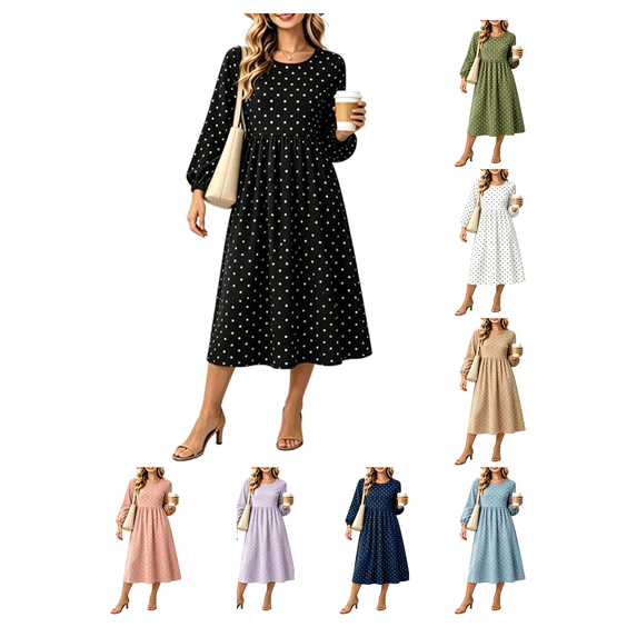 Busydd Womens Fall Dresses Fashion Long Sleeve Polka Dot Dress Casual Comfortable Solid Color Round Neck Midi Dress L